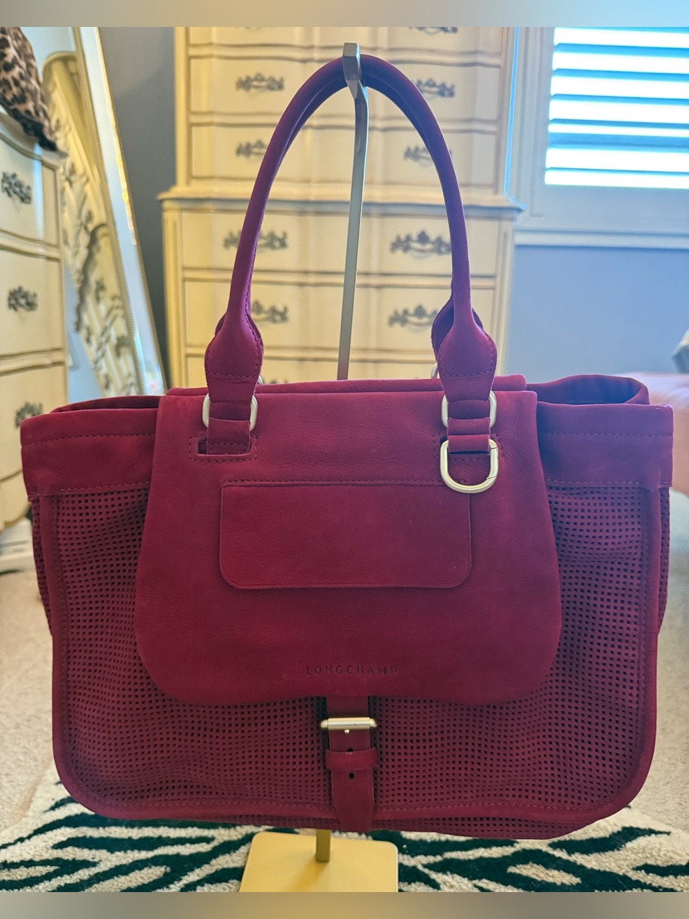 Longchamp Balzane Perforated Suede Tote Bag Fuchsia Berry